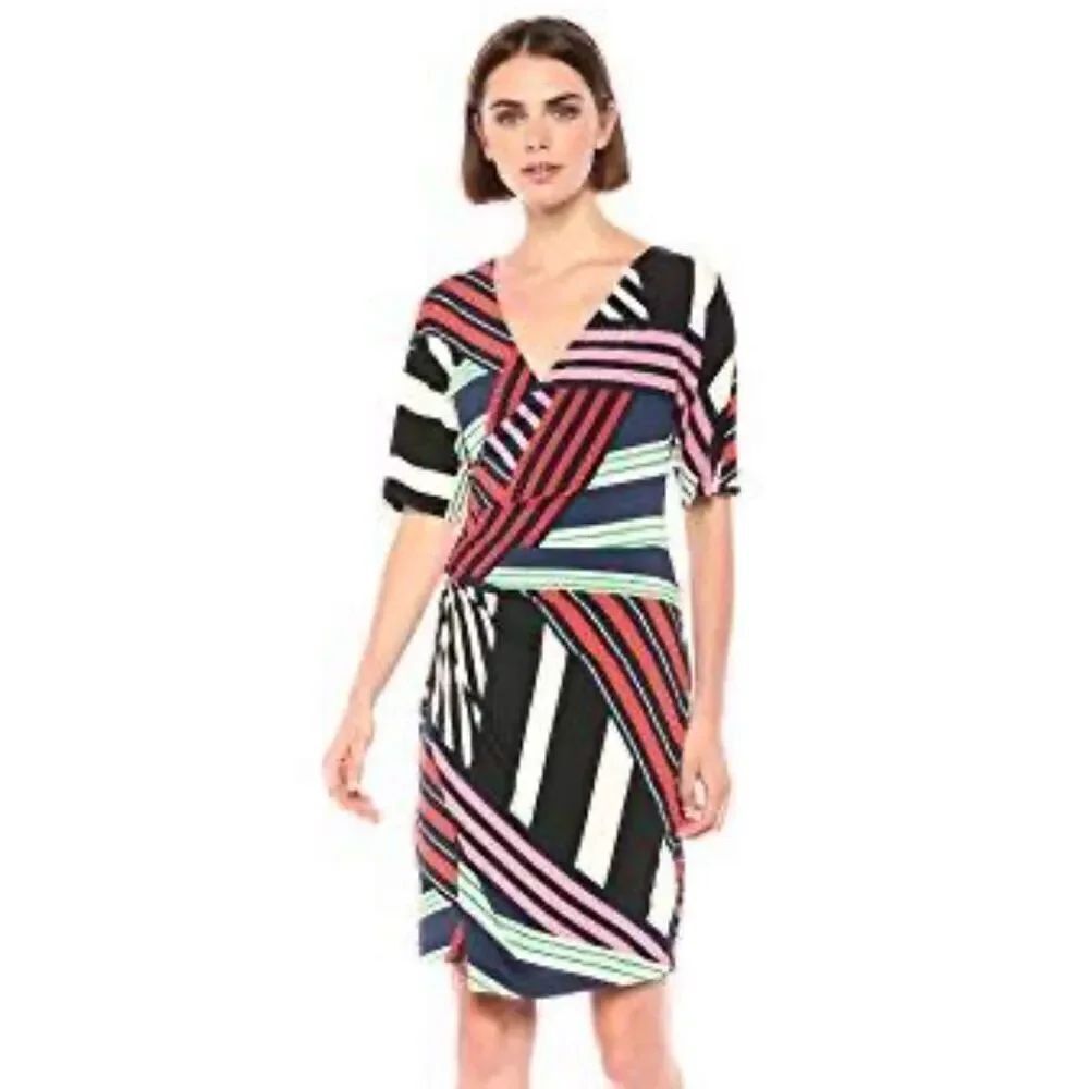 Trina Turk Sz 12 Geometric Stripe Sexy Faux Wrap Dress Slinky Jersey